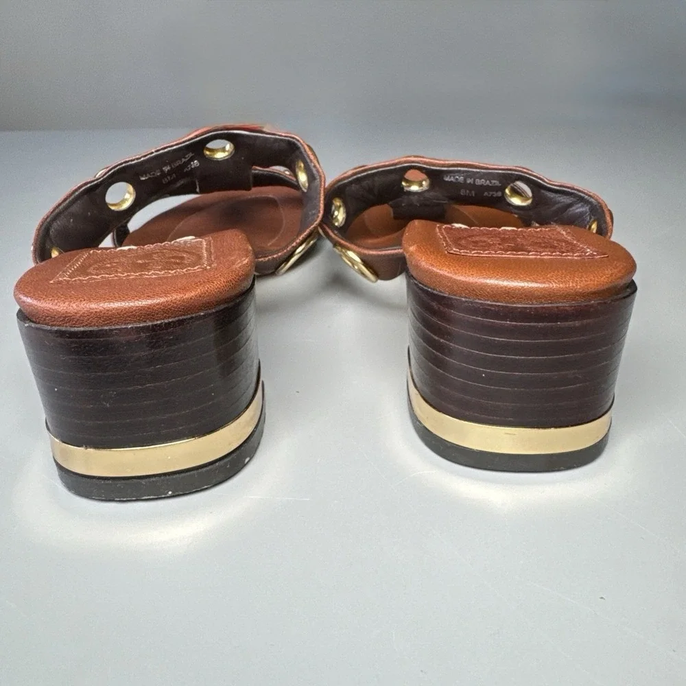 Tory Burch brown Slip On sandals Gold Trim Rivets women's 8 M